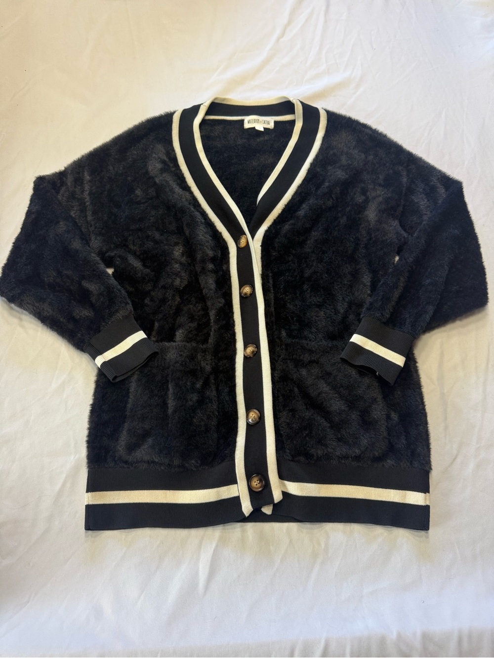 Cozy Black Fuzzy Cardigan with Cream Trim